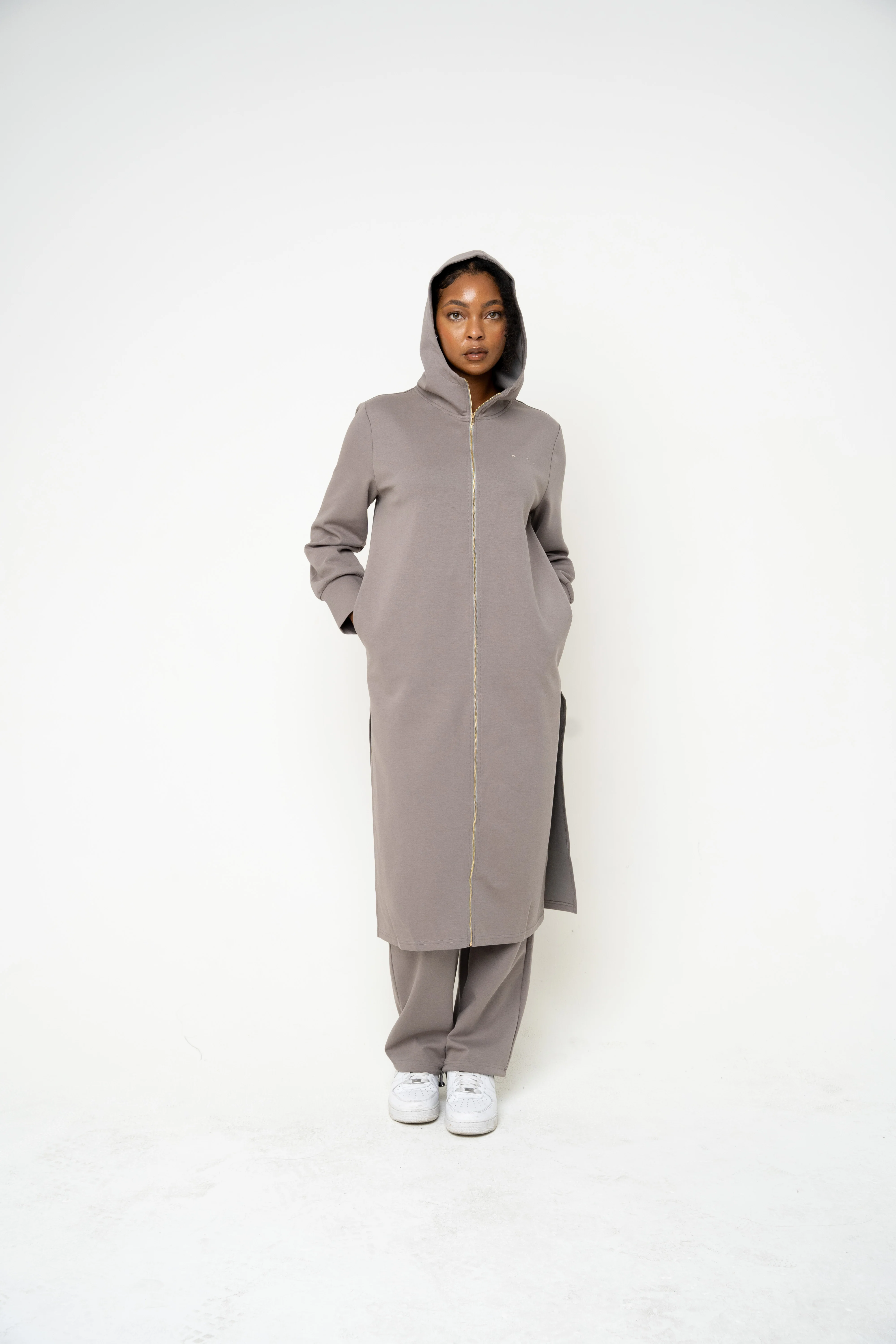 Grey Hooded Abaya (Zipped) - REST DAY CAPSULE - Image 3